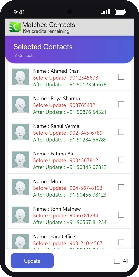 Add Country Code app showing contacts before and after the country code is added